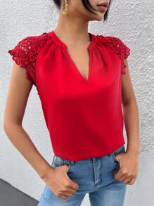 SHEIN Clasi Blusa con encaje en contraste de manga raglán - Rojo - Ver 3
