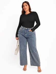 SHEIN Essnce Plus Solid Slim Fit Tee Bodysuit, For Winter