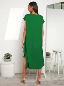 EMERY ROSE Notched Neck Dip Hem Dress - Green - View 3