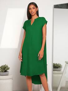 EMERY ROSE Notched Neck Dip Hem Dress - Green - View 4