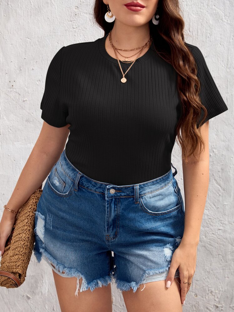 SHEIN Clasi Camiseta unicolor tejido de canalé - Negro - Añade 1