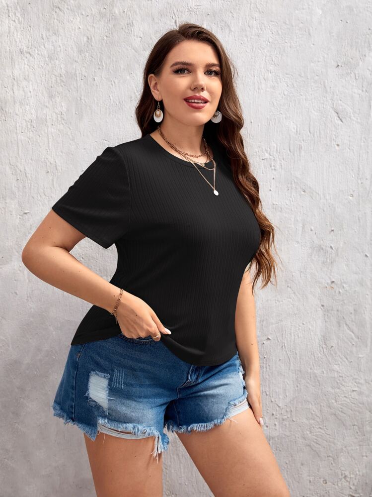 SHEIN Clasi Camiseta unicolor tejido de canalé - Negro - Añade 4