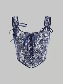 SHEIN MOD Floral Print Grommet Lace Up Tank Top - Blue and White - View 2