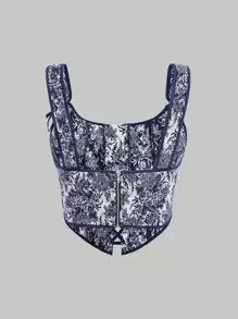 SHEIN MOD Floral Print Grommet Lace Up Tank Top - Blue and White - View 5