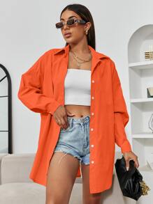 SHEIN Unity 女式字母印花落肩长袖单排扣休闲宽松衬衫 - 橘色 - 查看 2