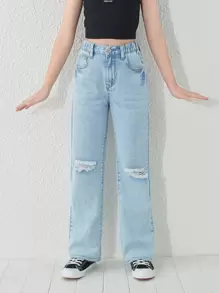 Bé Gái Quần Jeans Túi Bị tách màu trơn - Rửa nhẹ - Xem 1