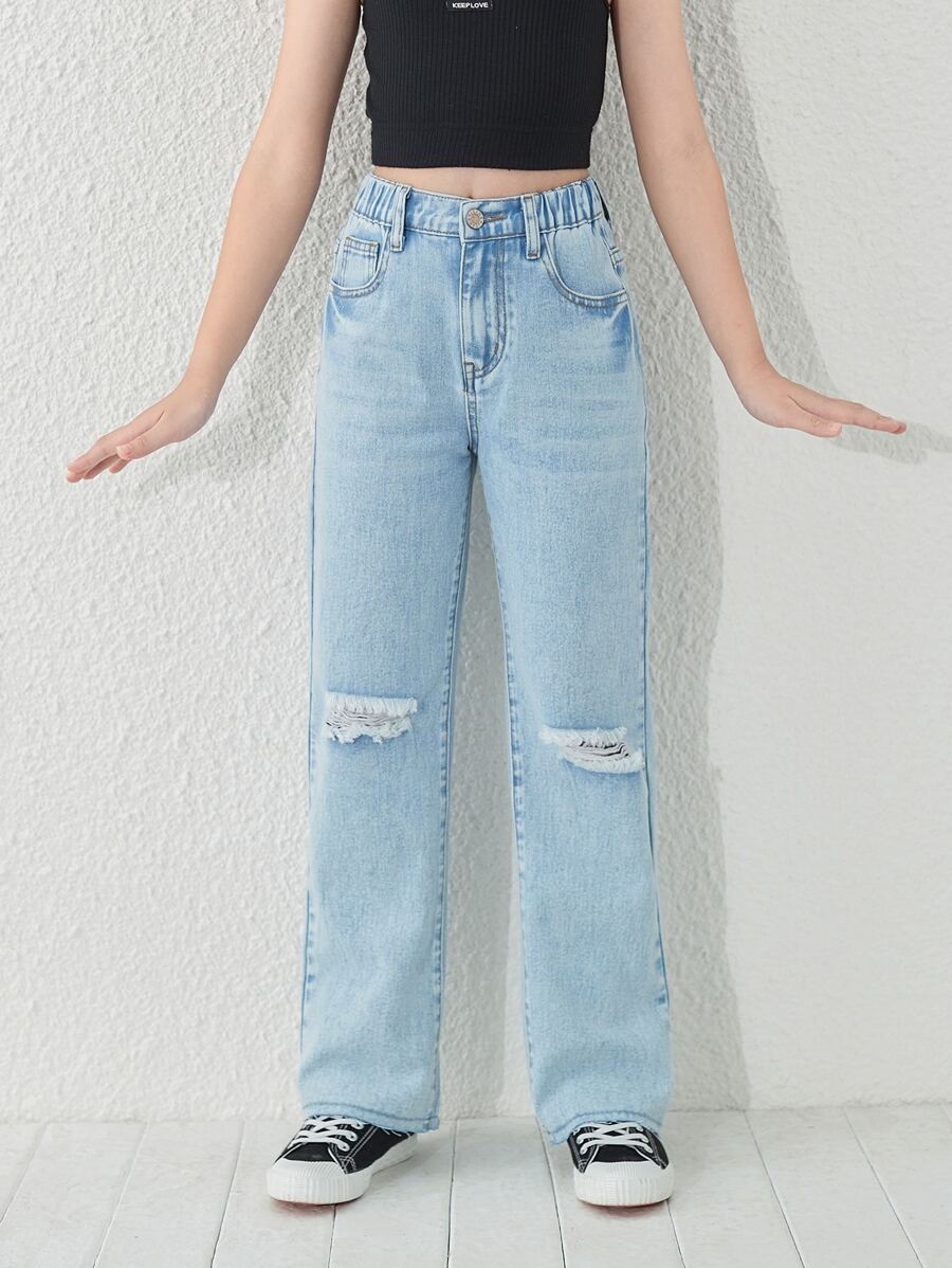 Bé Gái Quần Jeans Túi Bị tách màu trơn - Rửa nhẹ - Xem 1