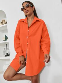 SHEIN Unity 女式字母印花落肩长袖单排扣休闲宽松衬衫 - 橘色 - 查看 5