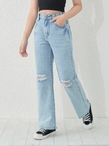 Bé Gái Quần Jeans Túi Bị tách màu trơn - Rửa nhẹ - Xem 4