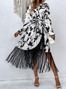 Chiquease 印花流蘇下擺繫腰帶連衣裙 - 黑與白 - 查看 1