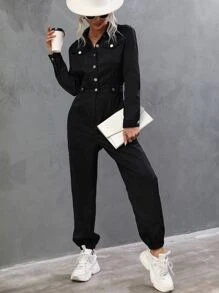 SHEIN LUNE Flap Pocket Shirt Jumpsuit - Black - View 1