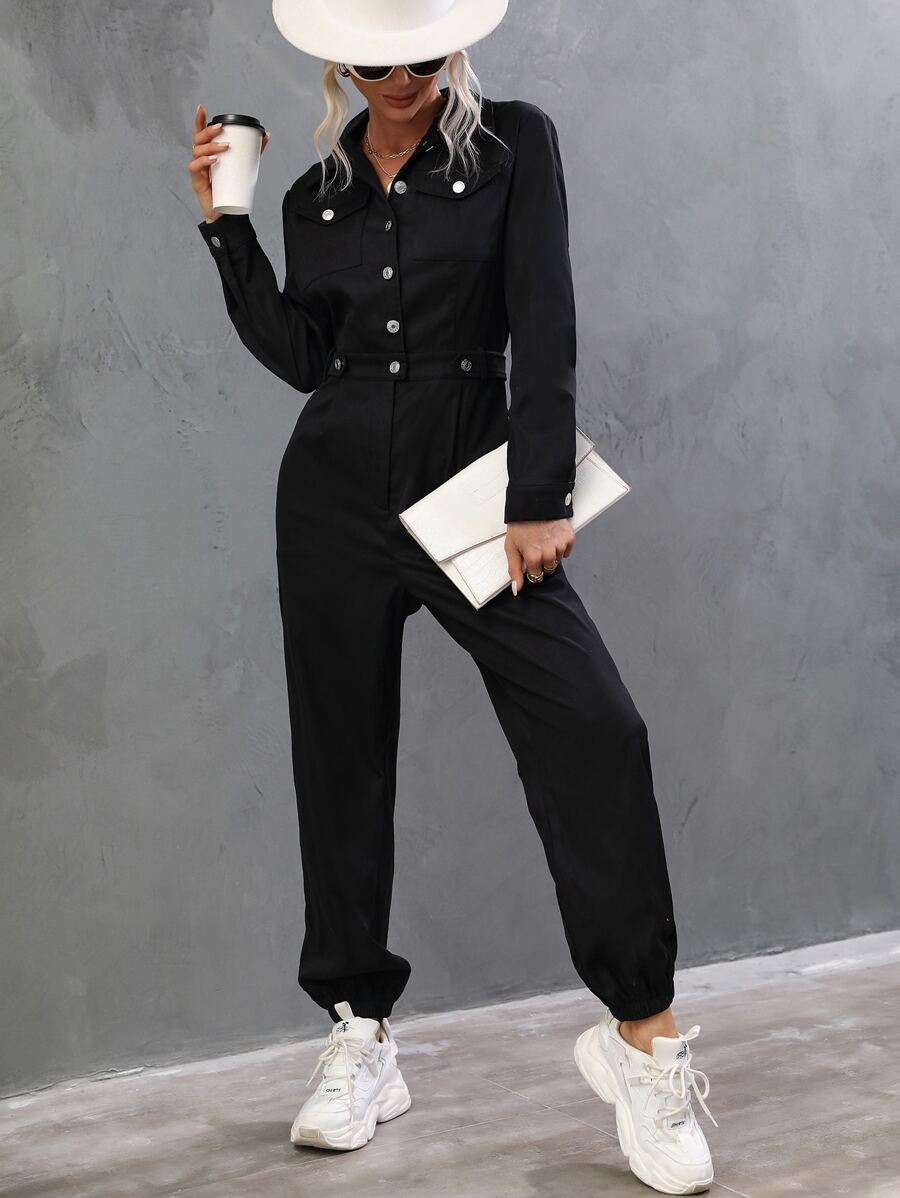 SHEIN LUNE Flap Pocket Shirt Jumpsuit - Black - View 1