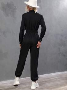 SHEIN LUNE Flap Pocket Shirt Jumpsuit - Black - View 2