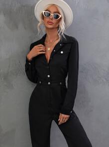 SHEIN LUNE Flap Pocket Shirt Jumpsuit - Black - View 3