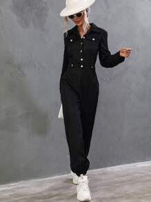 SHEIN LUNE Flap Pocket Shirt Jumpsuit - Black - View 4