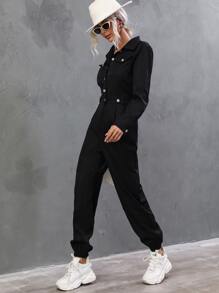 SHEIN LUNE Flap Pocket Shirt Jumpsuit - Black - View 5