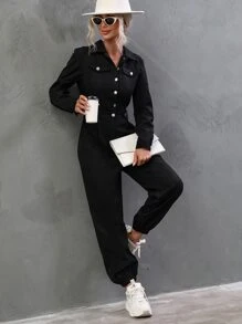 SHEIN LUNE Flap Pocket Shirt Jumpsuit - Black - View 6