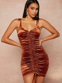 抽繩褶邊絲絨緊身連衣裙 - 亮橙色 - 查看 1