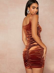 抽繩褶邊絲絨緊身連衣裙 - 亮橙色 - 查看 2