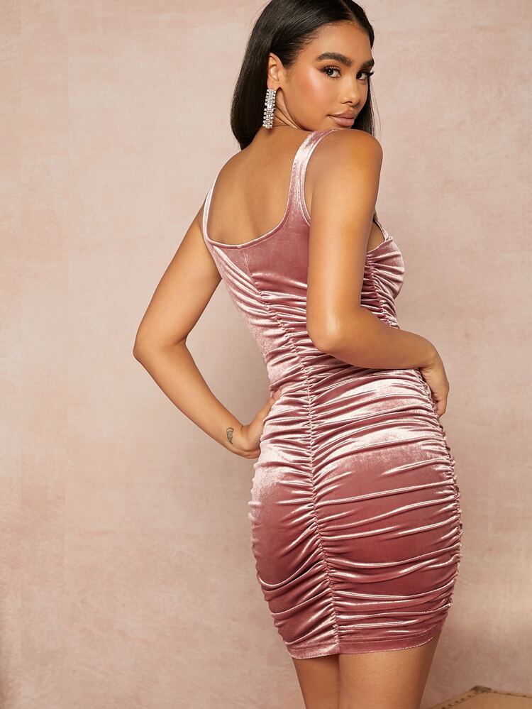 Drawstring Ruched Velvet Bodycon Dress