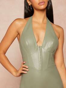 Open Back Hook And Eye PU Leather Dress - Green - View 4