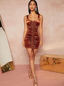 抽繩褶邊絲絨緊身連衣裙 - 亮橙色 - 查看 5