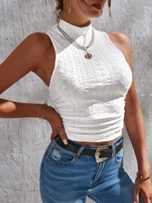 SHEIN Tall Áo hai dây Tranh thêu màu trơn Giải trí - trắng - Xem 3