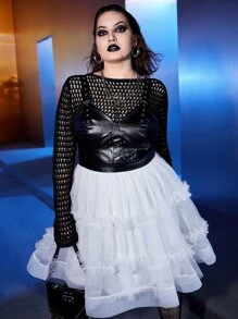 ROMWE PUNK Vestido overol bajo con fruncido PU sin top - Blanco y Negro - Ver 1