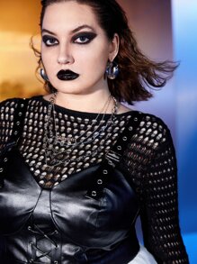 ROMWE PUNK Vestido overol bajo con fruncido PU sin top - Blanco y Negro - Ver 4