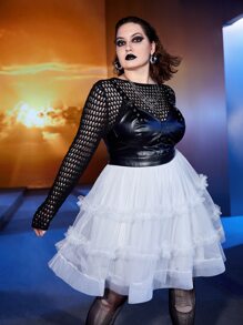 ROMWE PUNK Vestido overol bajo con fruncido PU sin top - Blanco y Negro - Ver 5