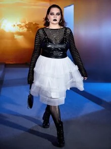 ROMWE PUNK Vestido overol bajo con fruncido PU sin top - Blanco y Negro - Ver 8