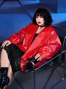 ROMWE PUNK Plus Drop Shoulder PU Leather Biker Jacket - Red - View 1