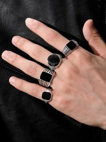 時尚流行4枚男士方形設計戒指不銹鋼珠寶禮物和時尚外觀 - 黑色 - 查看 1
