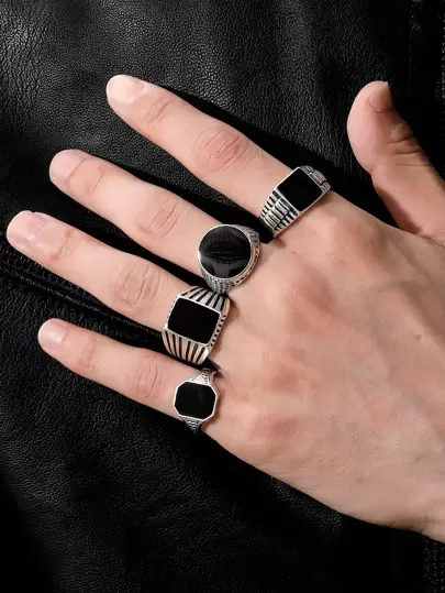 Fashionable and Popular 4pcs Men Square Design Ring Stainless Steel for Jewelry Gift and for a Stylish Look