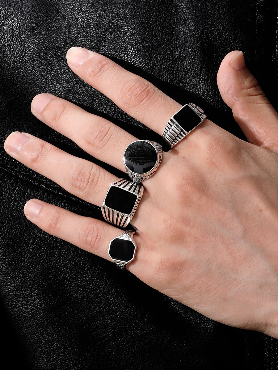 時尚流行4枚男士方形設計戒指不銹鋼珠寶禮物和時尚外觀 - 黑色 - 查看 1