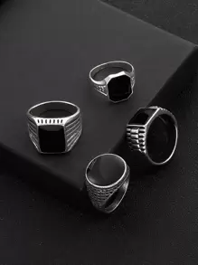時尚流行4枚男士方形設計戒指不銹鋼珠寶禮物和時尚外觀 - 黑色 - 查看 3