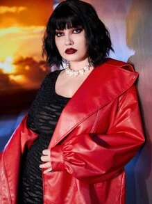 ROMWE PUNK Plus Drop Shoulder PU Leather Biker Jacket - Red - View 6