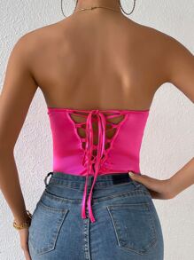 SHEIN Privé Lace Up Back Bustier Satin Tube Bodysuit - Hot Pink - View 2