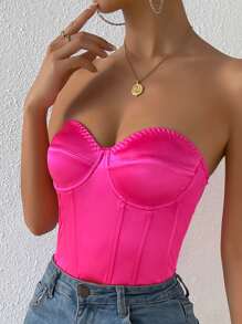 SHEIN Privé Lace Up Back Bustier Satin Tube Bodysuit - Hot Pink - View 3