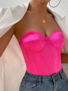 SHEIN Privé Lace Up Back Bustier Satin Tube Bodysuit - Hot Pink - View 4