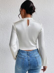 Chiquease Mock Neck Lantern Sleeve Satin Blouse,Long Sleeve Tops - Apricot - View 2