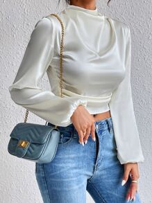 Chiquease Mock Neck Lantern Sleeve Satin Blouse,Long Sleeve Tops - Apricot - View 3