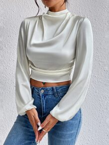 Chiquease Mock Neck Lantern Sleeve Satin Blouse,Long Sleeve Tops - Apricot - View 4