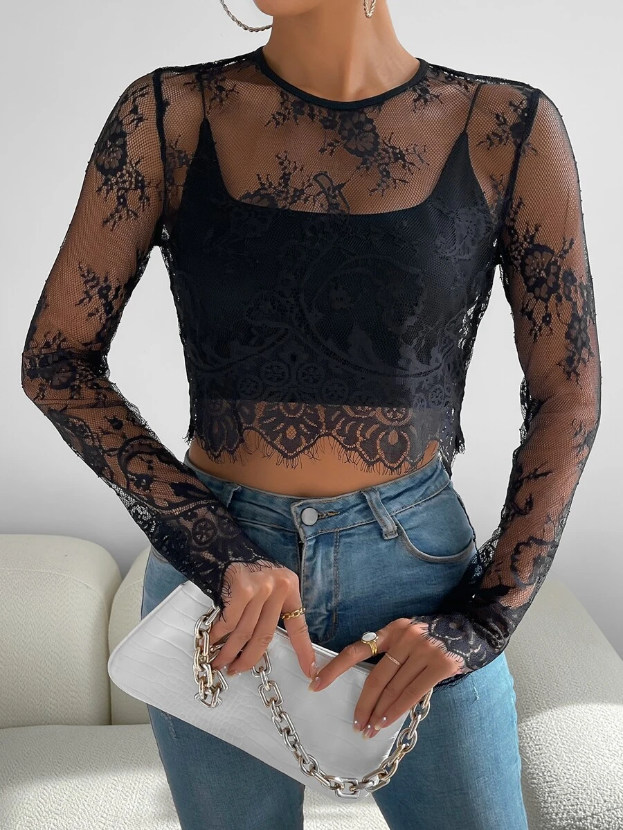 SHEIN Essnce Eyelash Lace Sheer Crop Blouse Without Camisole - Black - View 1