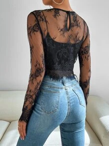 SHEIN Essnce Eyelash Lace Sheer Crop Blouse Without Camisole - Black - View 2