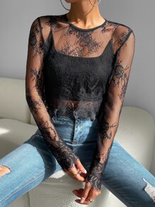 SHEIN Essnce Eyelash Lace Sheer Crop Blouse Without Camisole - Black - View 3