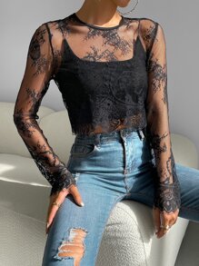 SHEIN Essnce Eyelash Lace Sheer Crop Blouse Without Camisole - Black - View 4