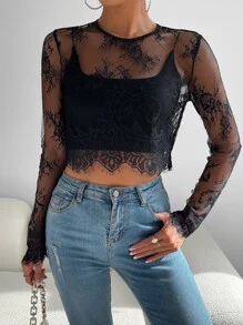 SHEIN Essnce Eyelash Lace Sheer Crop Blouse Without Camisole - Black - View 5