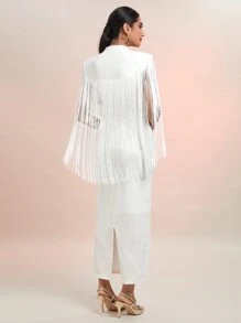 Modelyn Fringe Trim Split Hem Bodycon Dress - White - View 3