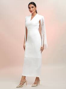 Modelyn Fringe Trim Split Hem Bodycon Dress - White - View 4